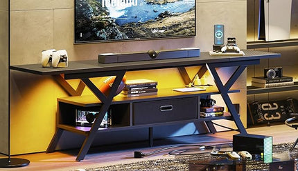 Bestier 70 Inch Gaming Tv Stands for Living Room with Power Outlet for Television up to 75", Black Entertainment Center with Led Lights for Living Room Bedroom. Carbon Fiber Black - LeafyLoom