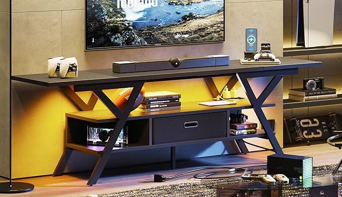 Bestier 70 Inch Gaming Tv Stands for Living Room with Power Outlet for Television up to 75", Black Entertainment Center with Led Lights for Living Room Bedroom. Carbon Fiber Black - LeafyLoom