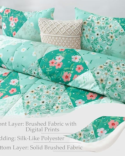 Whale Flotilla King Comforter Set, Soft Reversible Light Green Bedding Comforter Set with Boho Pattern, 1 Micoriber Patchwork Comforter and 2 Pillow Shams, 3 Pieces - LeafyLoom