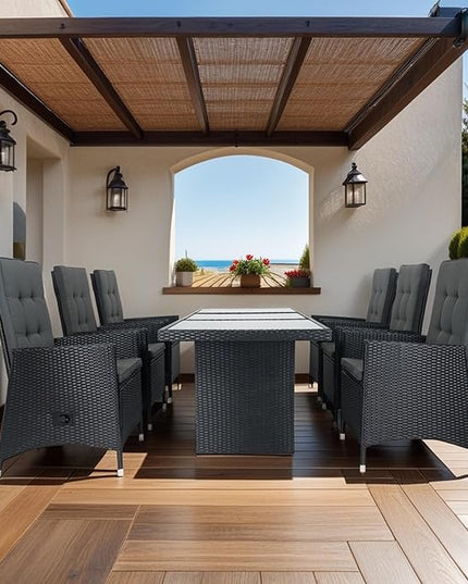 7-Piece Patio Dining, Outdoor Conversation Furniture Set with Adjustable Backrest Wicker + Dark Grey Cushion for Backyard, Balcony and Garden, Zj-Black - LeafyLoom