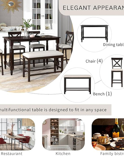 6-Piece Counter Height Kitchen Table Set, Dining Table Set for 6 with 4 Upholstered Chairs, Bench and Storage Shelf, Dining Room Table Set for Kitchen, Living Room, Espresso+Beige - LeafyLoom