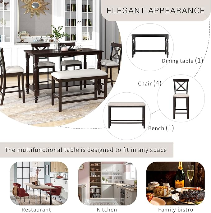 6-Piece Counter Height Kitchen Table Set, Dining Table Set for 6 with 4 Upholstered Chairs, Bench and Storage Shelf, Dining Room Table Set for Kitchen, Living Room, Espresso+Beige - LeafyLoom