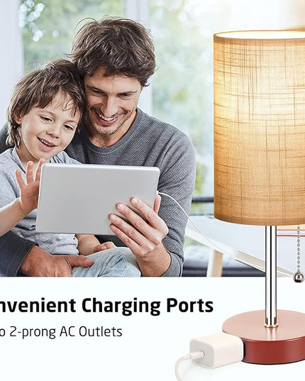 Bedside Lamp Set of 2 Table Lamps for Bedroom, 2700K/4000K/5000K Nightstand Lamp with Pull Chain and AC Outlet, Brown Table Lamp for Living Room Reading Kids Room(6W LED Bulbs Included). - LeafyLoom