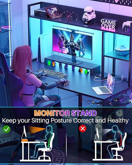 Cyclysio Gaming Desk with Hutch, 47'' Computer Desk with LED Lights & Power Outlets, Home Office Desk with Reversible 5 Tiers Storage Shelves & Monitor Stand, Small Gaming Table for Small Space, Black - LeafyLoom