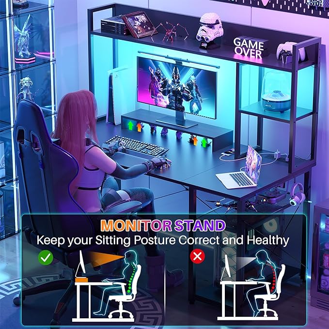 Cyclysio Gaming Desk with Hutch, 47'' Computer Desk with LED Lights & Power Outlets, Home Office Desk with Reversible 5 Tiers Storage Shelves & Monitor Stand, Small Gaming Table for Small Space, Black - LeafyLoom