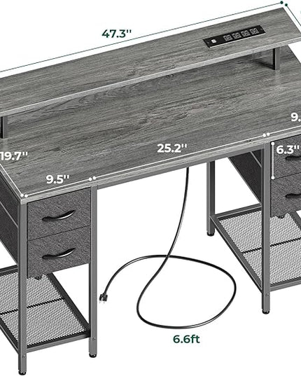 47 inch Computer Desk with 4 Drawers, Gaming Desk with LED Lights & Power Outlets, Home Office Desk with Large Storage Space for Bedroom, Work from Home, Gray - LeafyLoom