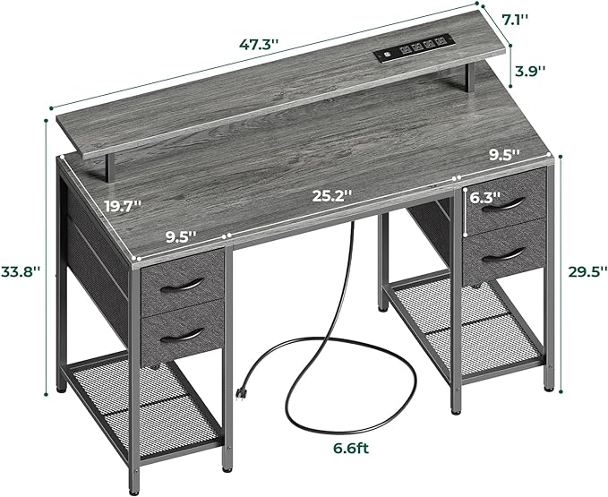 47 inch Computer Desk with 4 Drawers, Gaming Desk with LED Lights & Power Outlets, Home Office Desk with Large Storage Space for Bedroom, Work from Home, Gray - LeafyLoom