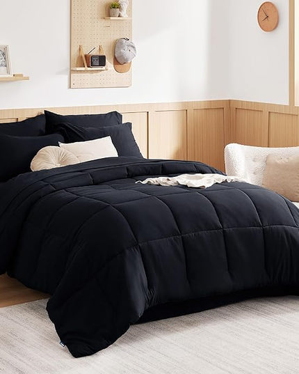 Bedsure Black Twin Comforter Set - 5 Pieces Solid Twin Bed in a Bag, Twin Bed Set Black with Quilted Warm Fluffy Comforters, Sheets, Pillowcase & Sham - LeafyLoom