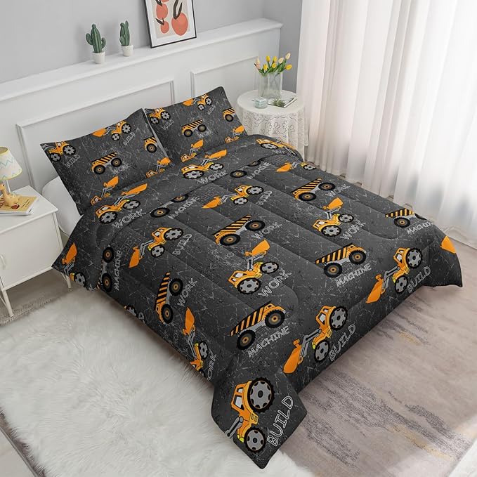 Datura home Construction Truck Comforter Set for Boys Kids Children,Machinery Excavators Vehicles Tractor Bedding Set with 1 Comforter and 2 Pillowcases(Brown Truck), Queen 90x90inches - LeafyLoom