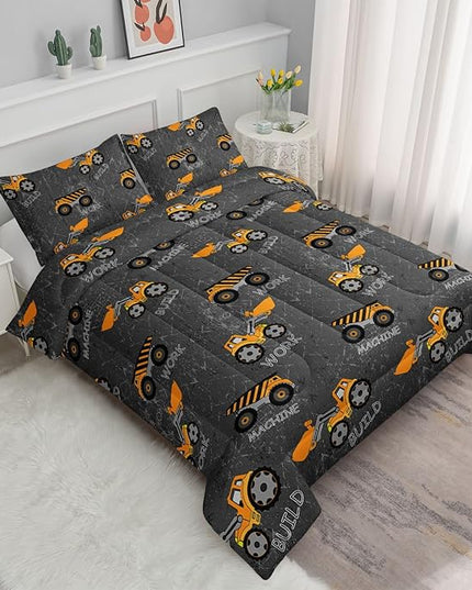 Datura home Construction Truck Comforter Set for Boys Kids Children,Machinery Excavators Vehicles Tractor Bedding Set with 1 Comforter and 2 Pillowcases(Brown Truck Full), Full 80x90inches - LeafyLoom