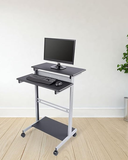 S STAND UP DESK STORE Rolling Adjustable Height Two Tier Standing Desk Computer Workstation (Silver Frame/Black Top, 32 Wide) - LeafyLoom