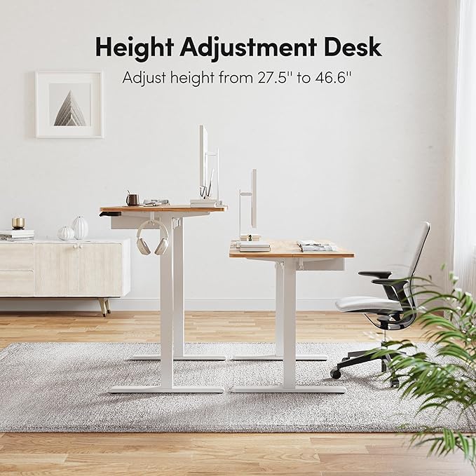 BANTI Electric Standing Desk with Drawer, Adjustable Height Sit Stand Up Desk, Home Office Desk Computer Workstation, 48x24 Inches, Ligh Vintage Brown - LeafyLoom