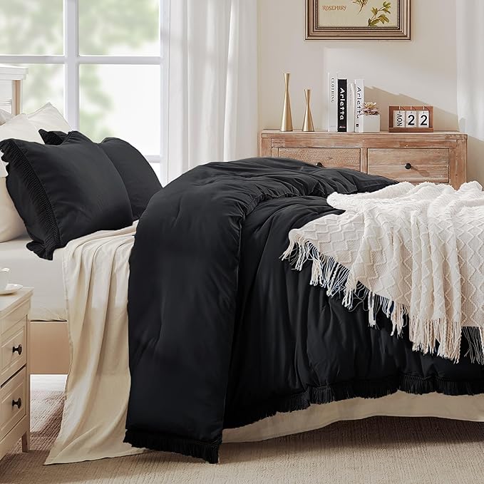 Andency Black Comforter Set King Size, 3 Pieces Boho Tassel Lightweight Bedding Comforter Sets for King Bed, All Season Soft Fluffy Fringe Bed Set (104x90In Comforter & 2 Pillowcases) - LeafyLoom