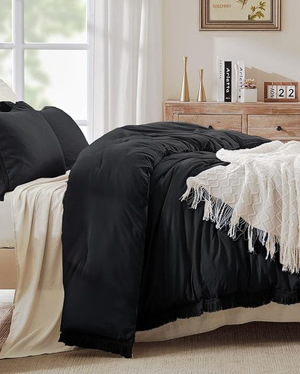 Andency Black Comforter Set Full Size, 3 Pieces Boho Tassel Lightweight Bedding Comforter Sets, All Season Soft Fluffy Fringe Bed Set (79x90In Comforter & 2 Pillowcases) - LeafyLoom