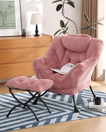 Lazy Chair with Ottoman, Modern Chair with Folding Footrest, Lounge Accent Chair, Comfortable Reading Chair (Plush Dark Pink) - LeafyLoom