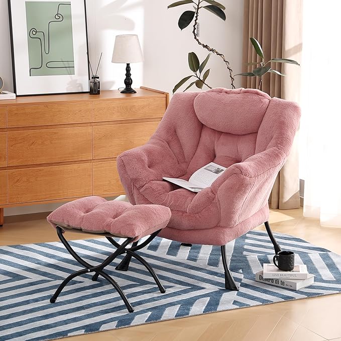Lazy Chair with Ottoman, Modern Chair with Folding Footrest, Lounge Accent Chair, Comfortable Reading Chair (Plush Dark Pink) - LeafyLoom