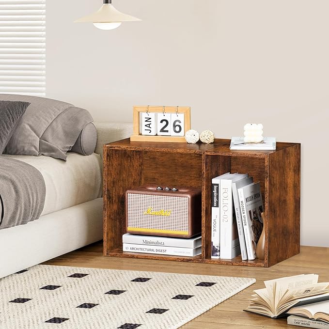 LEYAOYAO 2 Cube Bookshelf,Brown Record Player Stand Holds up to 100 Albums, Mini Wood Book Shelf Storage Organizer,Turntable Stand with Vinyl Storage Cabinet, Narrow Open Bookcase for Small Spaces - LeafyLoom