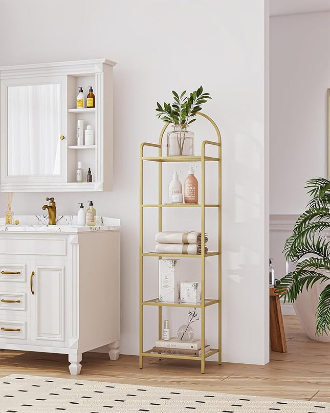 Bookcase Bookshelf, Tempered Glass Bookshelves, Slim Shelving Unit for Bedroom, Bathroom, Home Office, Steel Frame, 5 Tier Gold BC05001G - LeafyLoom