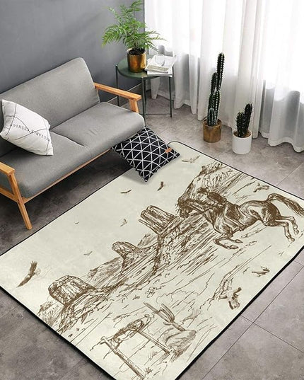 Western Rug 60x39 inch Cowboy Area Rugs Living Room Dorm Bedroom Floor Decor-American Cowboy Riding Horse in Wild West Eagle - LeafyLoom