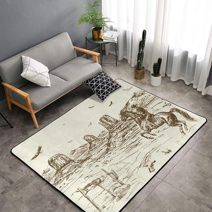 Western Rug 60x39 inch Cowboy Area Rugs Living Room Dorm Bedroom Floor Decor-American Cowboy Riding Horse in Wild West Eagle - LeafyLoom