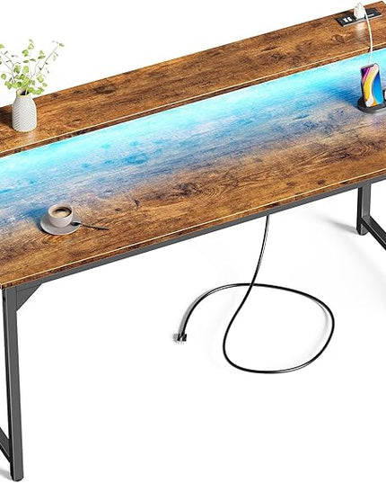SUPERJARE 55 inch Computer Desk with LED Lights & Power Outlets, Gaming Desk with Monitor Shelf, Small Office Desk for Home & Office, Rustic Brown - LeafyLoom