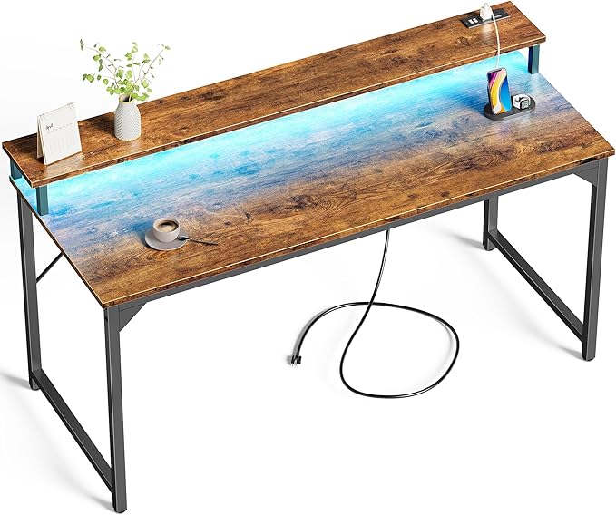 SUPERJARE 55 inch Computer Desk with LED Lights & Power Outlets, Gaming Desk with Monitor Shelf, Small Office Desk for Home & Office, Rustic Brown - LeafyLoom