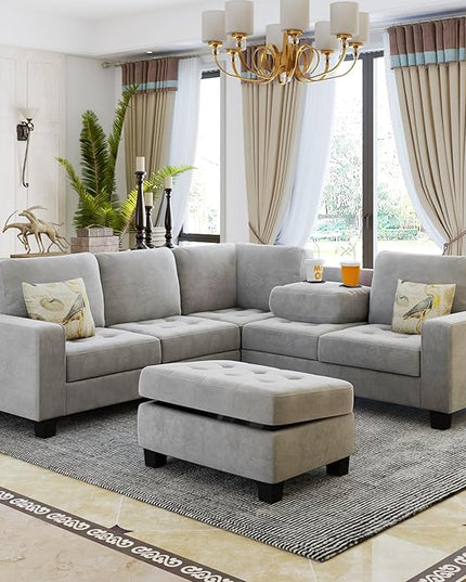 85" L-Shape Sectional Corner Sofa with Storage Ottoman, Modern Linen Upholstered Couch w/Convenient Cup Holder, for Living Room, Apartment, 85 Inch, Light Gray - LeafyLoom