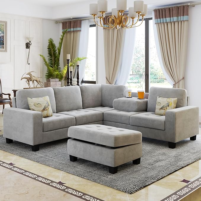 85" L-Shape Sectional Corner Sofa with Storage Ottoman, Modern Linen Upholstered Couch w/Convenient Cup Holder, for Living Room, Apartment, 85 Inch, Light Gray - LeafyLoom