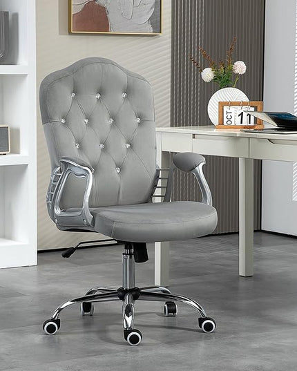 Vinsetto Home Office Chair, Velvet Computer Chair, Button Tufted Desk Chair with Swivel Wheels, Adjustable Height, and Tilt Function, Light Gray - LeafyLoom