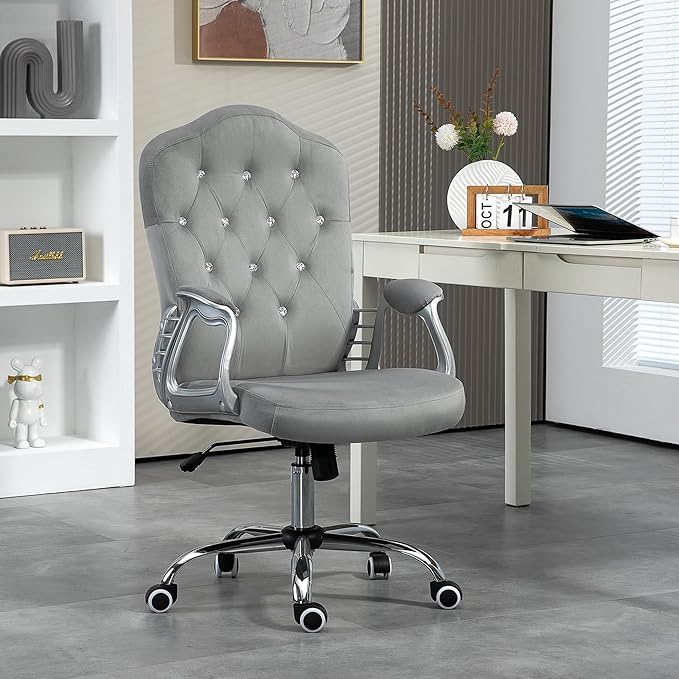 Vinsetto Home Office Chair, Velvet Computer Chair, Button Tufted Desk Chair with Swivel Wheels, Adjustable Height, and Tilt Function, Light Gray - LeafyLoom