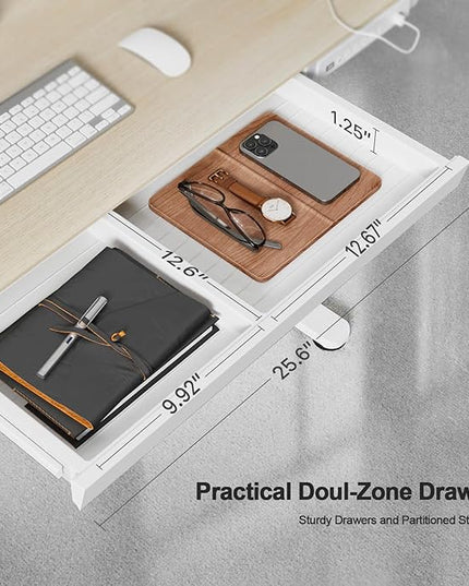 Electric Standing Desk with Drawers, Whole Piece 48 Inches Adjustable Height Desk, Modern Sit Stand Up Desk,Ergonomic Rising Desk for Home Office Workstation, Light Wood - LeafyLoom