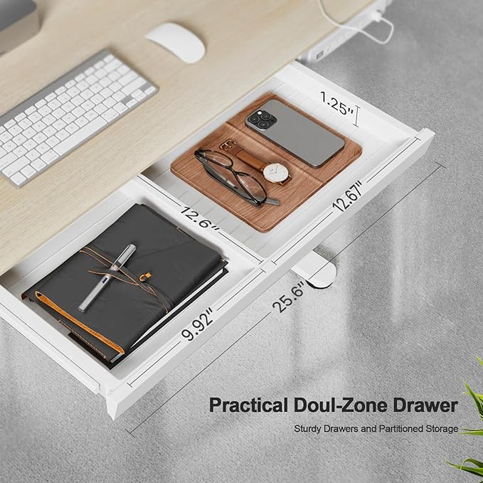 Electric Standing Desk with Drawers, Whole Piece 48 Inches Adjustable Height Desk, Modern Sit Stand Up Desk,Ergonomic Rising Desk for Home Office Workstation, Light Wood - LeafyLoom