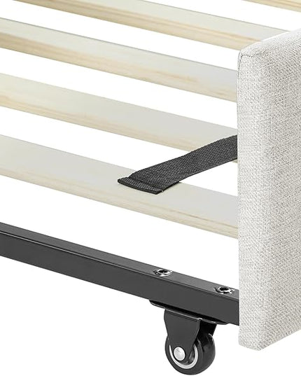 Linen Upholstered Twin Size Daybed with Two Storage Trundle Drawers, Solid Wooden Bed Frame w/Tufted Decorate, No Box Spring Needed, Space-Saving Design - LeafyLoom