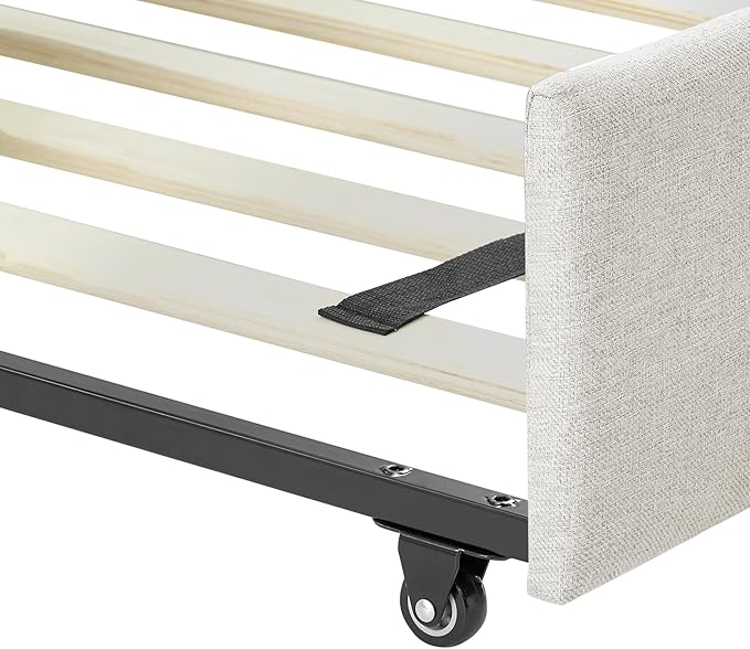 Linen Upholstered Twin Size Daybed with Two Storage Trundle Drawers, Solid Wood Tufted Sofa Bed Frame for Bedroom, Guest Room, Dorm, No Box Spring Needed, Space-Saving Design, Beige - LeafyLoom