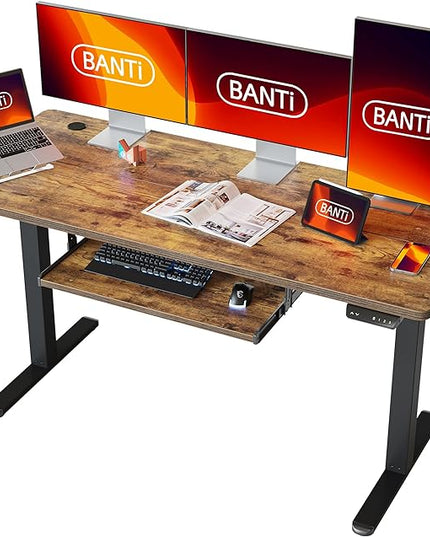 BANTI 63" x 24" Height Adjustable Electric Standing Desk with Keyboard Tray, Sit Stand up Desk with Splice Board, Black Frame/Rustic Brown Top - LeafyLoom