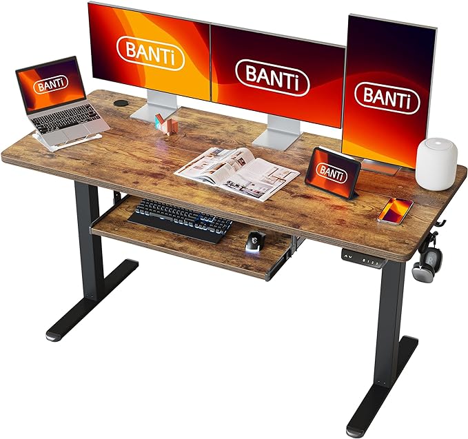 BANTI 63" x 24" Height Adjustable Electric Standing Desk with Keyboard Tray, Sit Stand up Desk with Splice Board, Black Frame/Rustic Brown Top - LeafyLoom