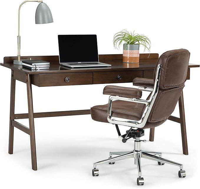 SIMPLIHOME Rylie SOLID WOOD 60 inch Wide Home Office Desk, Writing Table, Workstation, Study Table Furniture in Natural Aged Brown with 3 Drawers - LeafyLoom
