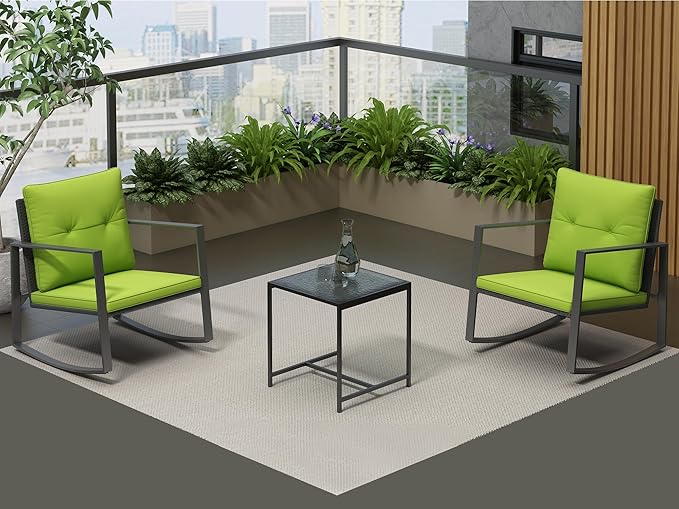 3 Piece Rocking Bistro Set - Synthetic Wicker Outdoor Furniture - Glass Coffee Table with 2 Chairs for Balcony, Patio & Porch - Black Metal, Soft Cushions (Green) - LeafyLoom