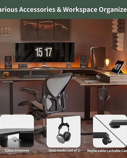 FEZIBO Triple Motor 63" L Shaped Standing Desk with 3 Drawers, Electric Gaming Desk Adjustable Height, Corner Stand up Desk with Splice Board, Black Frame/Black Walnut Top - LeafyLoom