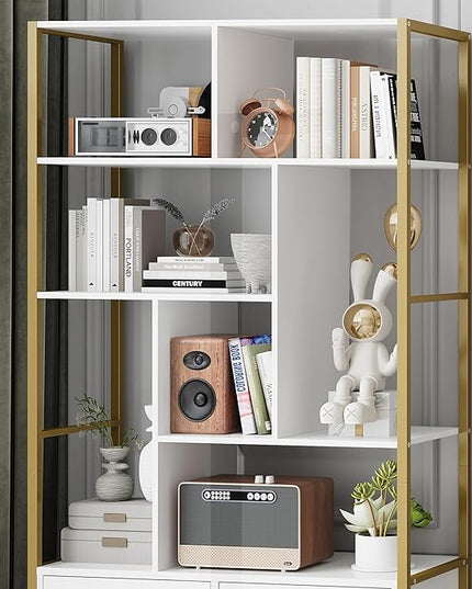 71.2 Inch Tall Bookshelf, Bookcase with door and 3 Drawers, Floor Standing Display Storage Shelves for Home Office, Living Room - LeafyLoom