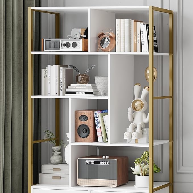 71.2 Inch Tall Bookshelf, Bookcase with door and 3 Drawers, Floor Standing Display Storage Shelves for Home Office, Living Room - LeafyLoom