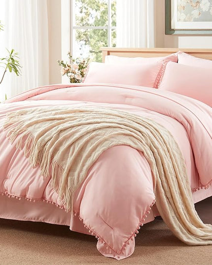 Anluoer Queen Comforter Set 7 Piece, Pink Bed in a Bag with Sheets, Pom Pom Boho Bedding Comforter Sets with 1 Comforter, 2 Pillow Shams, 2 Pillowcases, 1 Flat Sheet, 1 Fitted Sheet - LeafyLoom