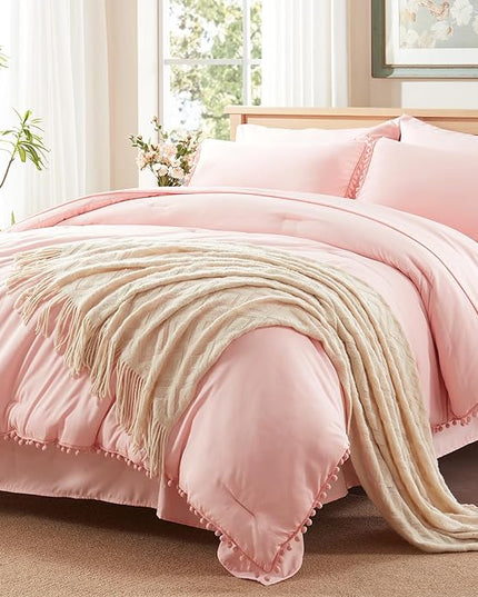 Anluoer King Comforter Set 7 Piece, Pink Bed in a Bag with Sheets, Pom Pom Boho Bedding Comforter Sets with 1 Comforter, 2 Pillow Shams, 2 Pillowcases, 1 Flat Sheet, 1 Fitted Sheet - LeafyLoom