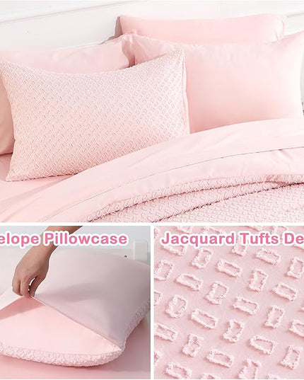 Twin Size Tufted Kids Comforter Set 6 Piece Pink Jacquard Tufts Embroidery Bedding Set for Girls Bed in A Bag Quilt with 1 Comforter, 1 Flat Sheet, 1 Fitted Sheet, 1 Pillowcase and 2 Pillow Sham - LeafyLoom