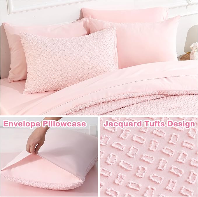 Twin Size Tufted Kids Comforter Set 6 Piece Pink Jacquard Tufts Embroidery Bedding Set for Girls Bed in A Bag Quilt with 1 Comforter, 1 Flat Sheet, 1 Fitted Sheet, 1 Pillowcase and 2 Pillow Sham - LeafyLoom