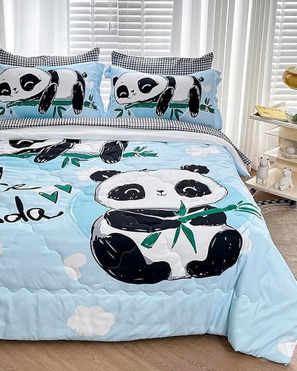Wajade Kids Panda Comforter Set Bed in A Bag Twin Size 7 Piece Blue 3D Cute Panda Bamboo Clouds Bedding Set for Girls Boys (1 Comforter, 1 Flat Sheet, 1 Fitted Sheet, 2 Pillowcase and 2 Pillow Sham) - LeafyLoom
