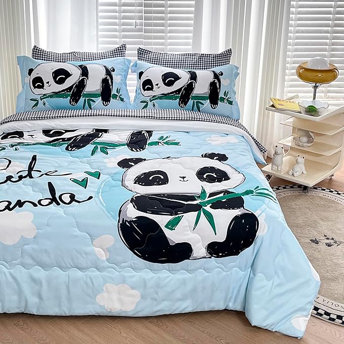 Wajade Kids Panda Comforter Set Bed in A Bag Full Size 7 Piece Blue 3D Cute Panda Bamboo Clouds Bedding Set for Girls Boys (1 Comforter, 1 Flat Sheet, 1 Fitted Sheet, 2 Pillowcase and 2 Pillow Sham) - LeafyLoom
