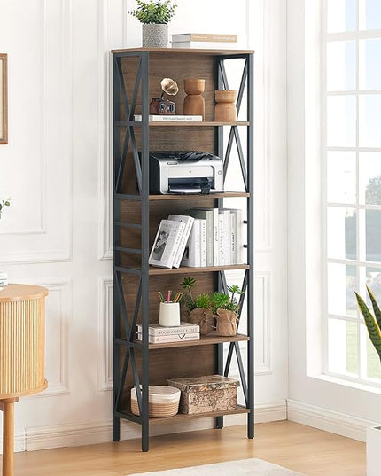 HOMISSUE Bookshelf, 6-Tier Bookshelf, Rustic Wood Metal Bookshelves and Bookcases, Freestanding Open Bookshelf, Industrial Tall Bookcase for Home Office, Living Room and Bedroom, Vintage Brown - LeafyLoom