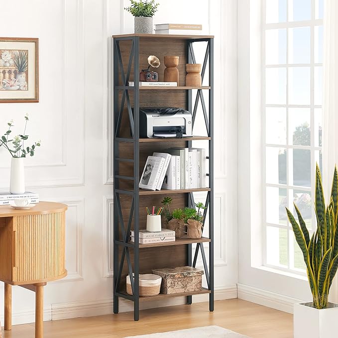 HOMISSUE Bookshelf, 6-Tier Bookshelf, Rustic Wood Metal Bookshelves and Bookcases, Freestanding Open Bookshelf, Industrial Tall Bookcase for Home Office, Living Room and Bedroom, Vintage Brown - LeafyLoom