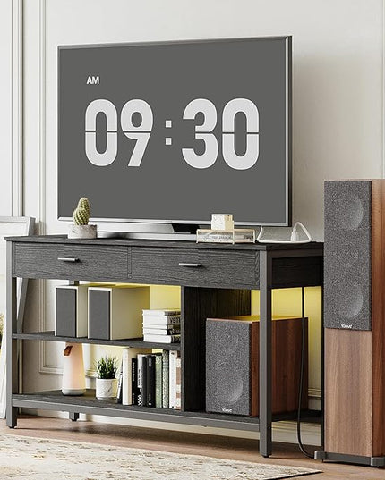 IRONCK TV Stand LED Lights, Entertainment Center with Power Outlet for 55 Inch TV, Industrial TV Console with Media Storage Shelf and 2 Large Drawers,for Bedroom/Living Room, Black - LeafyLoom